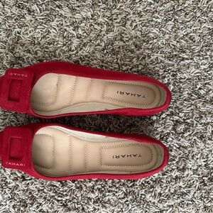 Tahari Red Suede Loafers with Square Buckle